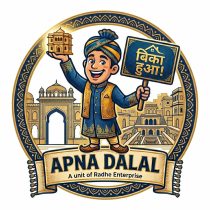 Registered RERA real estate agent Apna Dalal Radhe Enterprise logo with Bika Hua sold out sign board